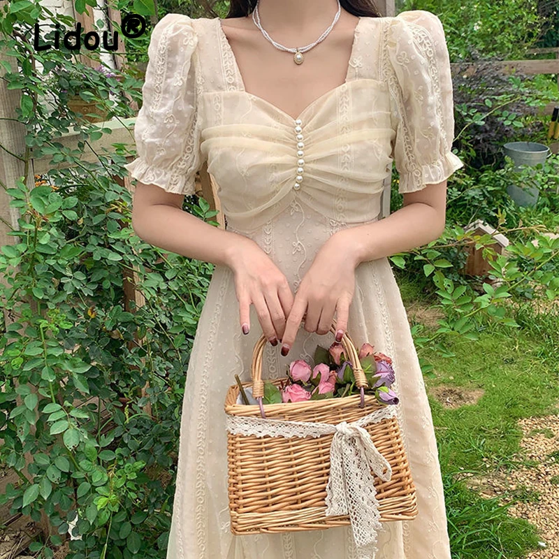 

Puff Sleeve Square Neck Beaded Chiffon Dress 2022 Summer French Style Dress Elegant Casual Dress for Female Apricot A-line Dress