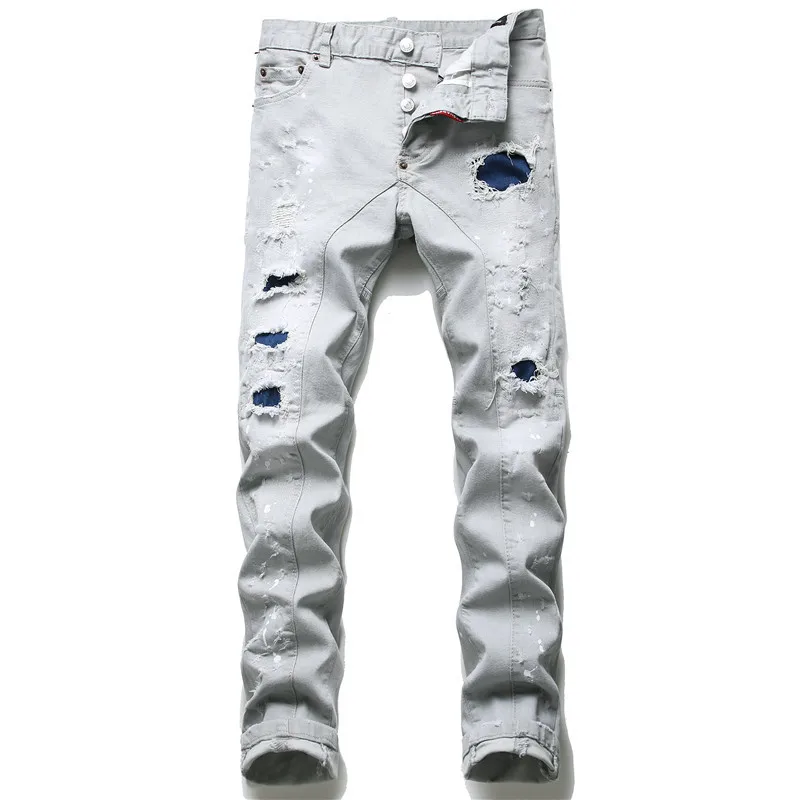 

Wholesale 2022 Light Gray Slim Cotton Elastic Meet Complex Unique Light-colored Environmentally Washing Men's Denim Jeans