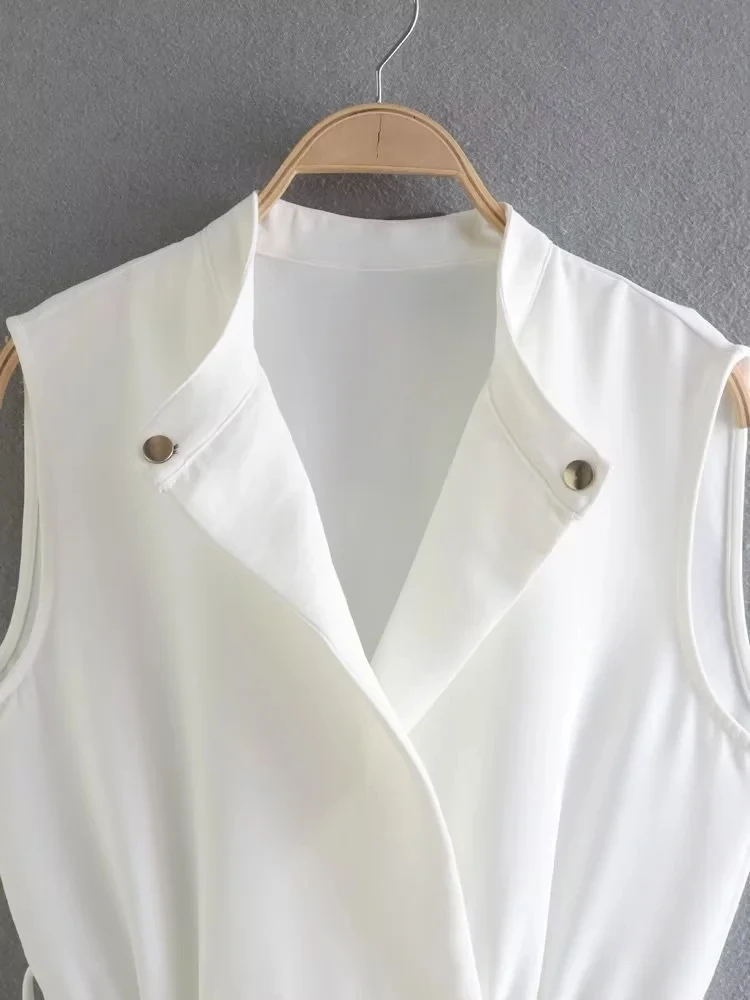 Withered 2023 England Style Office Lady Fashion Sashes Sleeveless Notched Casual Pure White Playsuits Women