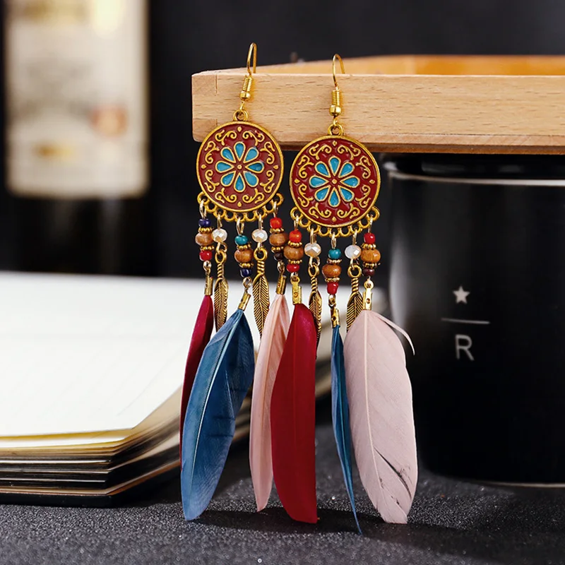 

Women Retro Long Tassel Colorful Feather Earrings Ear Dangles Drops Decorative Bohemian Ethnic Style Fashion Jewelry Gift