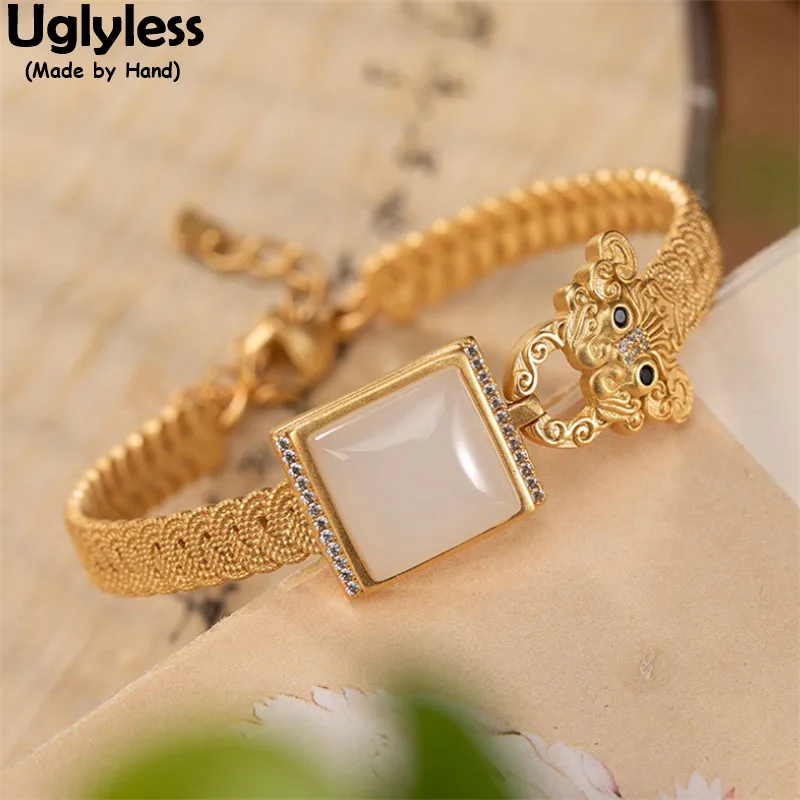 

Uglyless Handmade Twists Bracelets for Women Animals Open Bangles Natural Jade Square Vintage Jewelry Crystal 925 Silver Animals