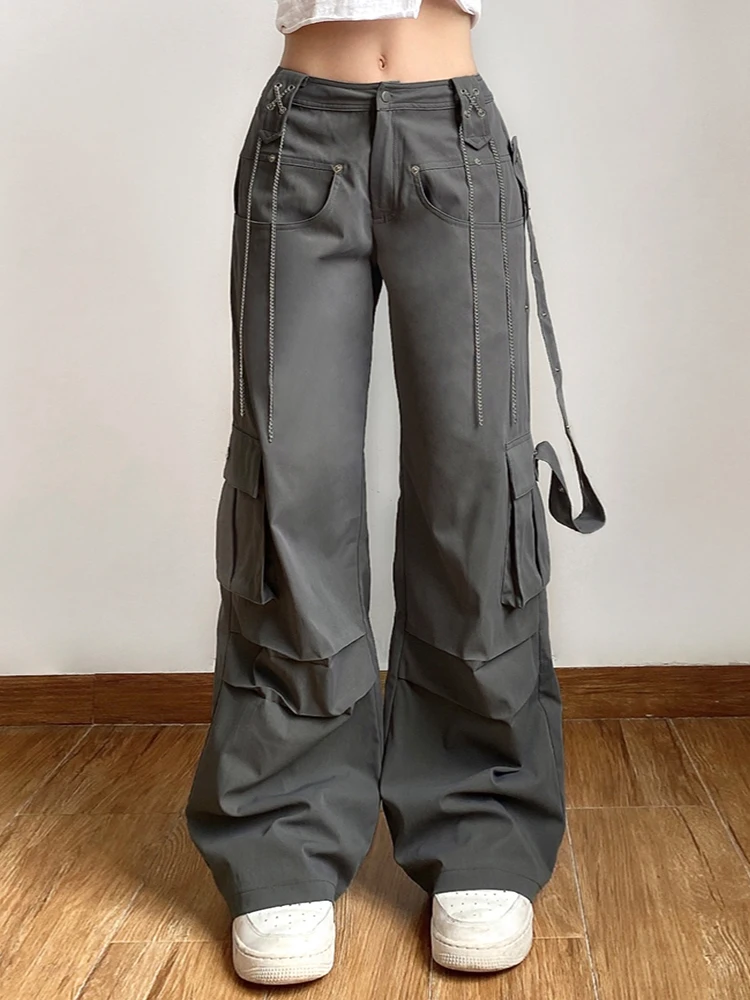 

WeiYao Grunge Grey Cargo Pants Women Fashion Low Rise Chain Ribbon Punk Style Trousers Harajuku Streetwear Vintage Casual Pants