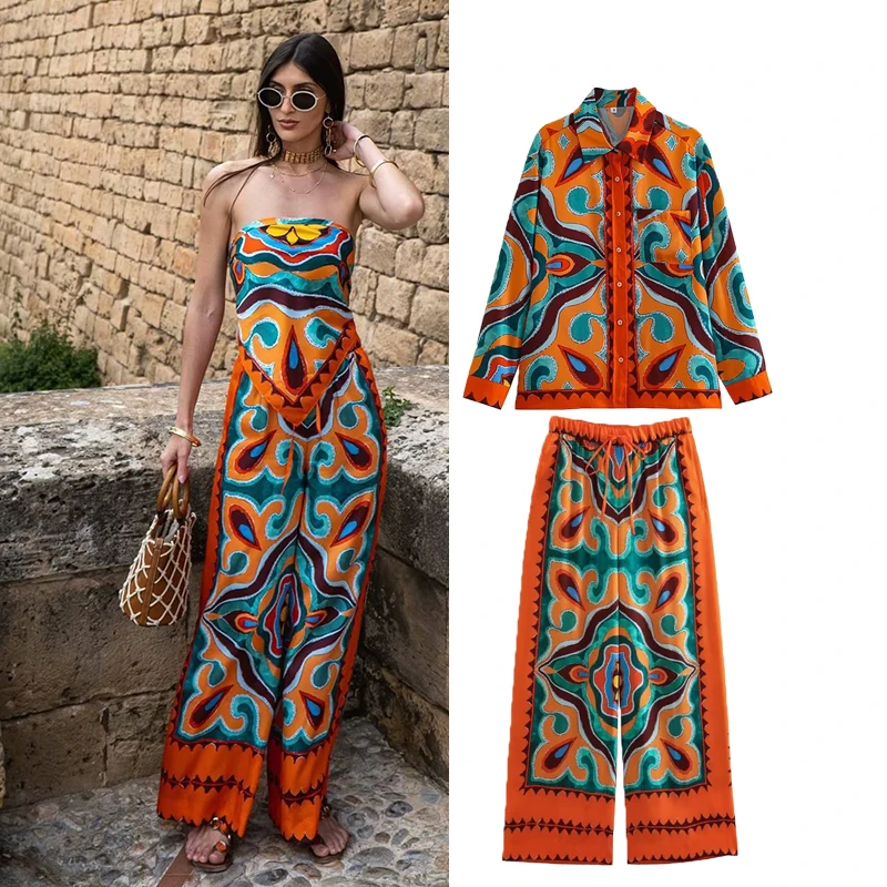 

Женский Брючный комплект из 2 предметов, элегантный праздничный костюм с принтом и эластичным поясом, уличный элегантный Молодежный Костюм-...