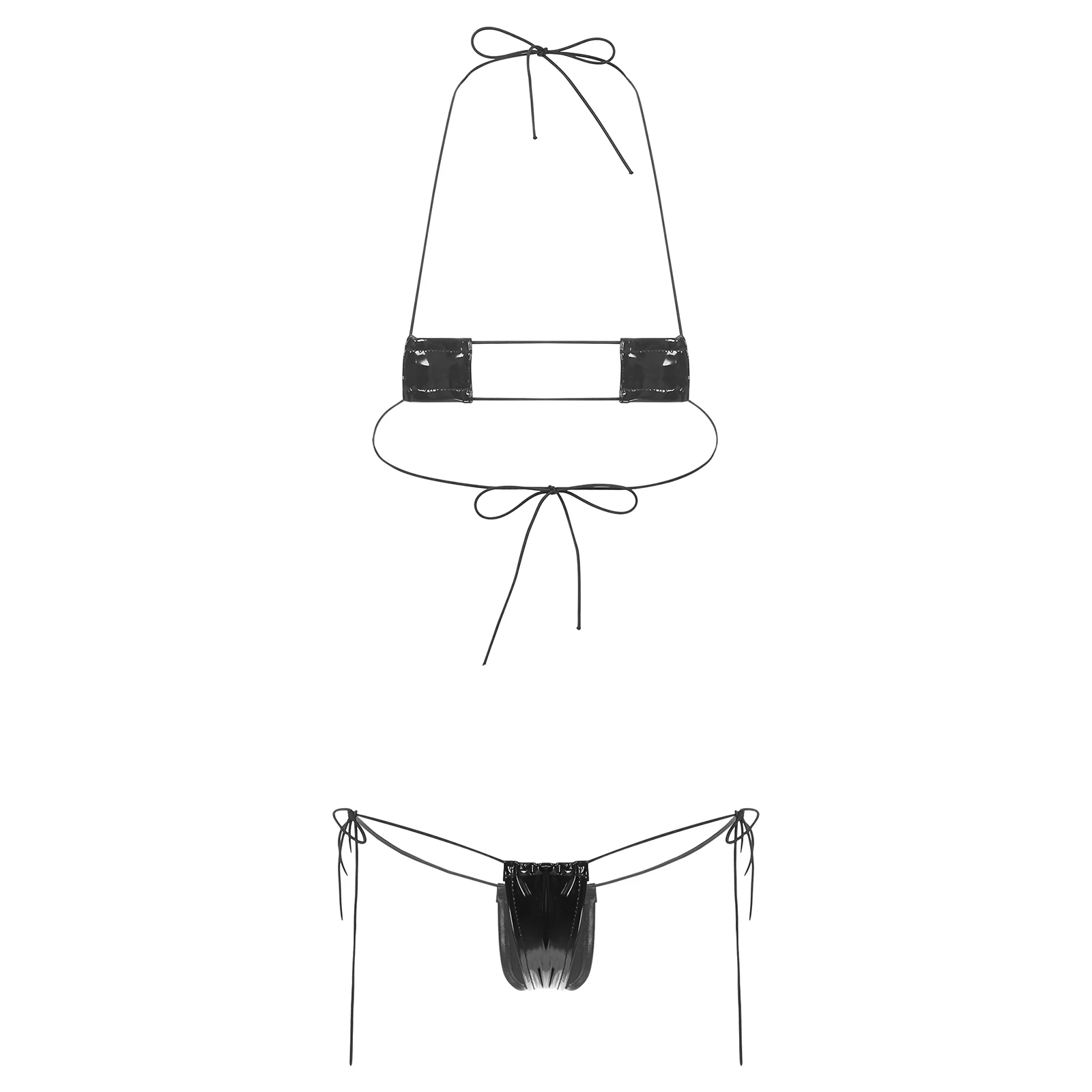 Фото Womens Micro Bikini Halter Neck Triangle Bra with Mini Tie Side Panty 2 Piece Swimsuit Extreme Swimwear Lingerie Set Clubwear №3