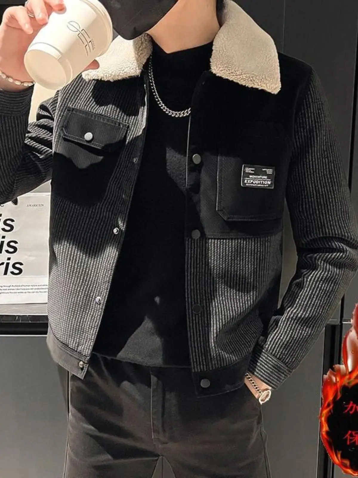 Winter Thickened Fleece-lined Leather jacket Men's Lapel Detachable Fur Collar Stripe Casual Patchwork Pu Shuai Motorcycle Cl...