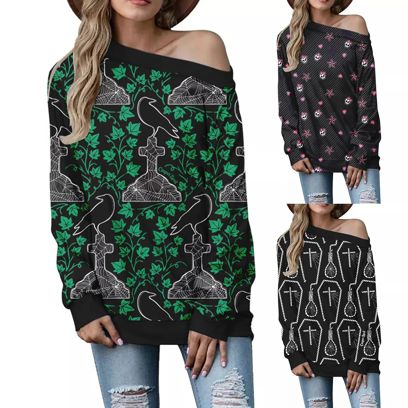 

Womens Off Shoulder Tops Casual Blouse Long Sleeve Shirts Tunic Basic Halloween Funny Printed Stretchy Black Shirts for Women