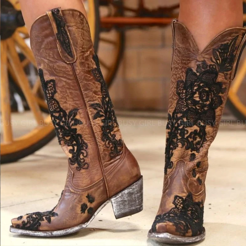 Autumn and winter new European and American cross -border embroidery ethnic style heels high boots women's boots