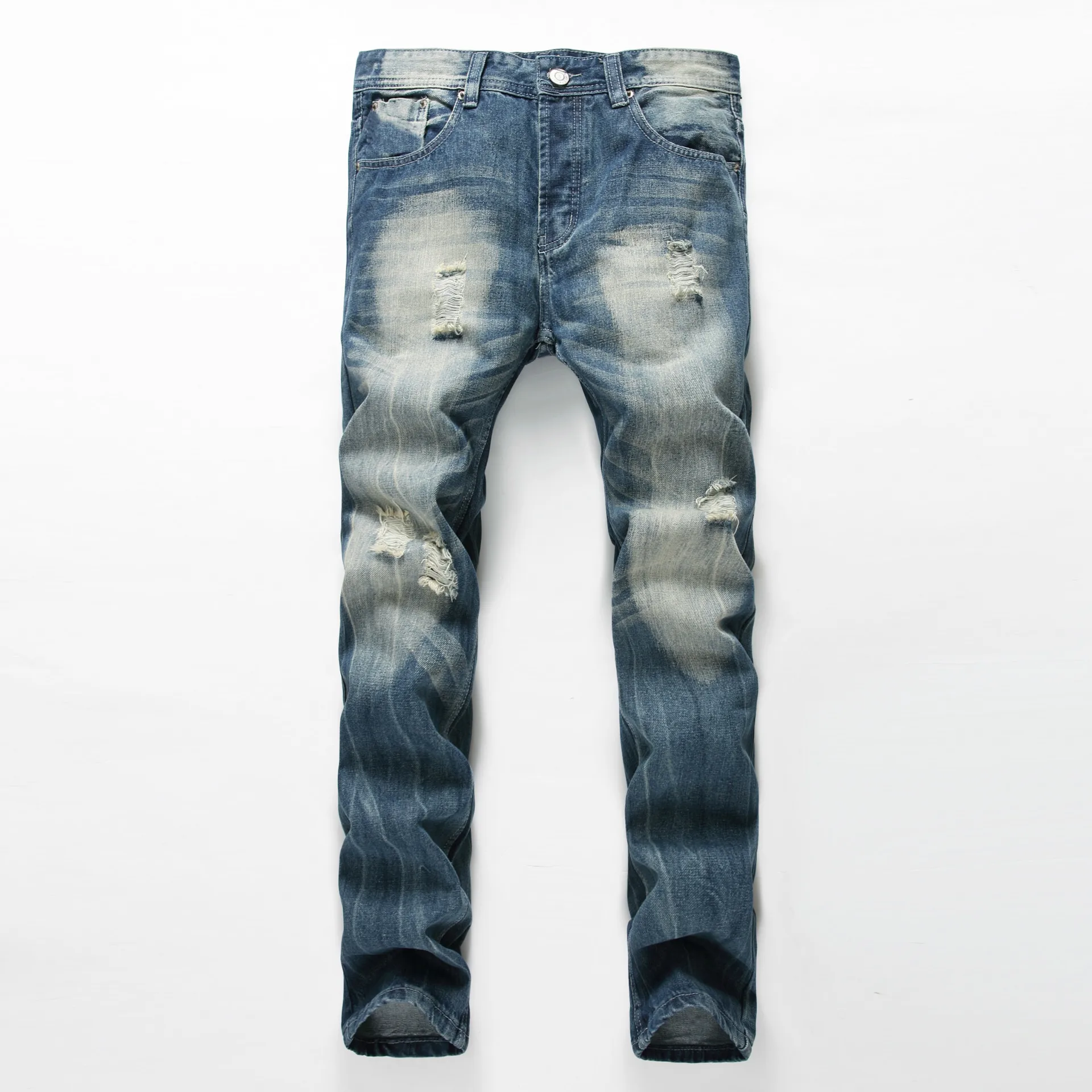 

New Jeans Men's Hole Straight Slim Fit Mens Jeans Europe Station Jeans Men