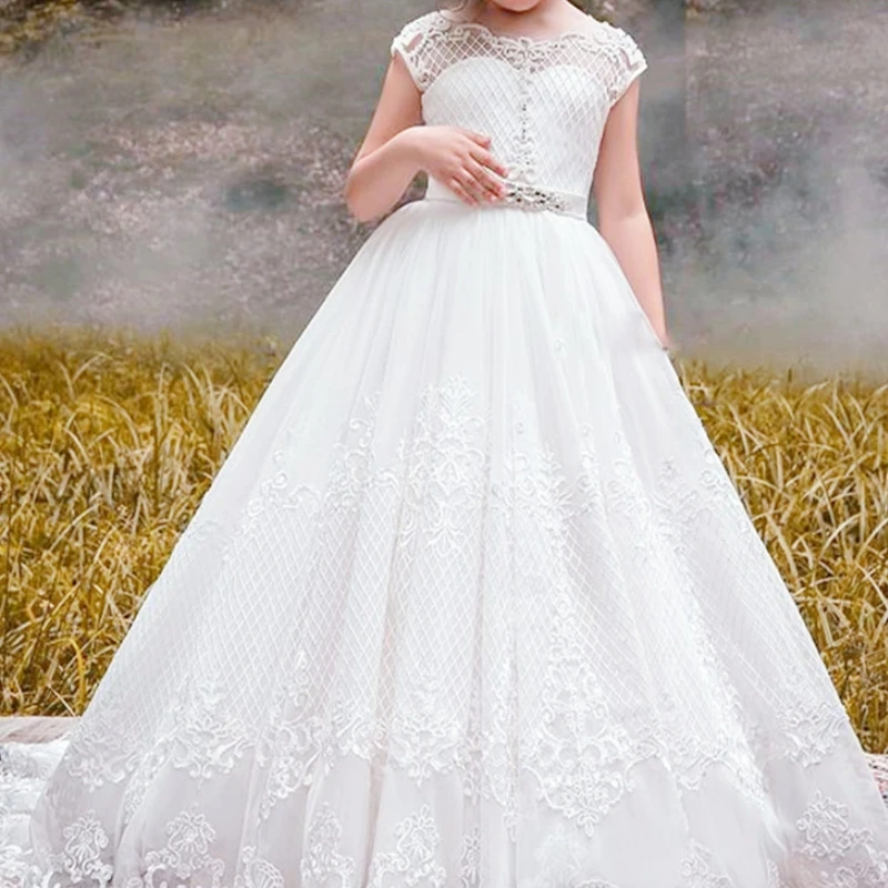 

Платья для девочек с цветочным принтом цвета слоновой кости, кружевные свадебные платья с оборками и перьями для принцессы, платье для первого причастия на день рождения