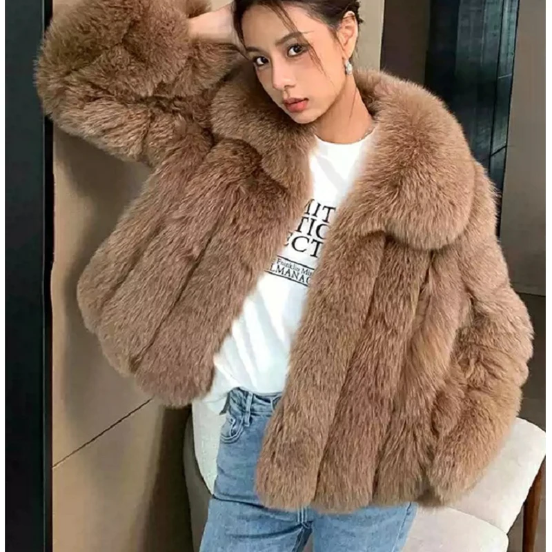 Winter Faux Fur Jacket Women Luxury 2022 Female High Quality Full Sleeves Plush Red White Black Fox Fur Coat for Lady Girl