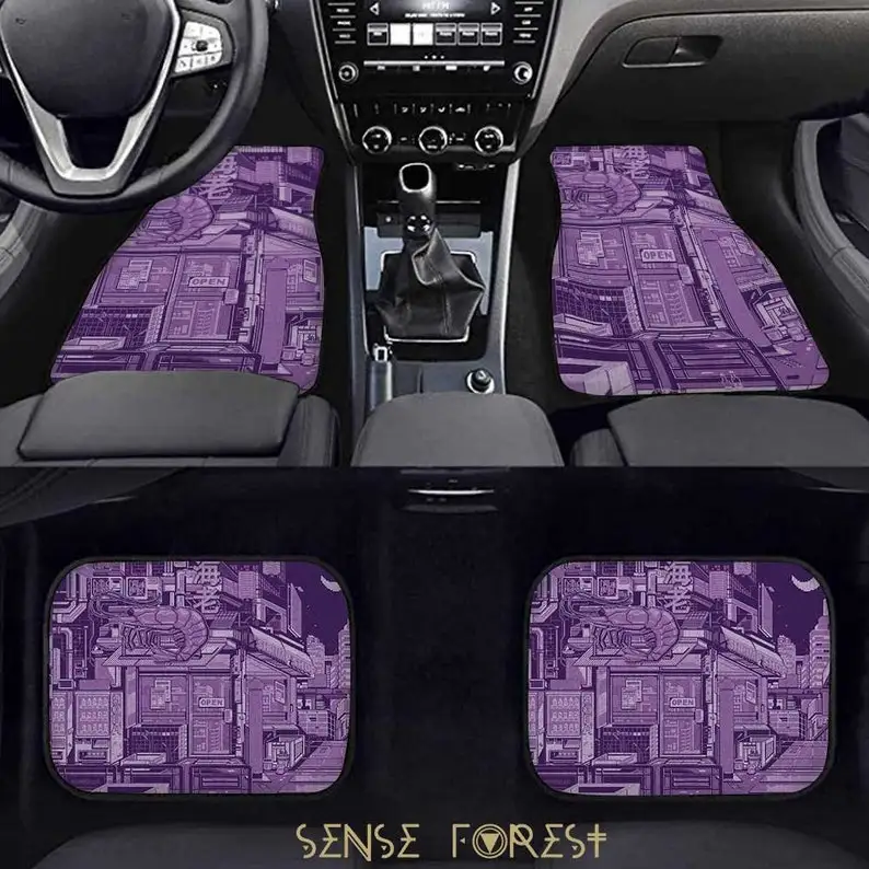 

Purple Neon city car floor mats, Cute Japanese night moon Anime car interior decor, car accessories, Pixel vaporwave Kawaii car