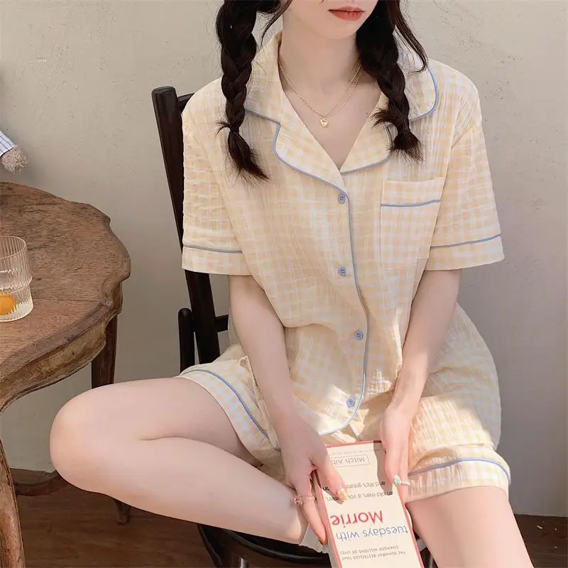 Plaid Pajama Sets Women 4 Colors Ruffles Stylish Simple New Casual Korean Style Ladies Puff Sleeve Lovely Sweet Sleepwear Summer