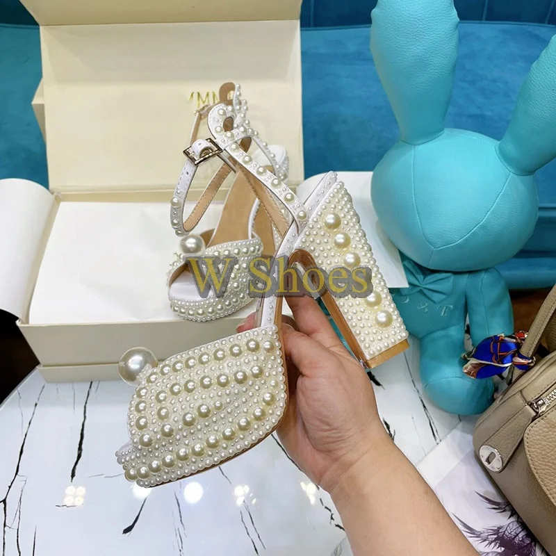 

Ladies Pearl White Wedding Shoes Peep Toe Platform High Heels Chunky Heels Buckle Sandals Gifts for Women Banquet Princess Style