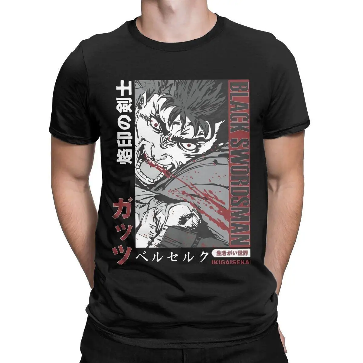 Men's T-Shirt Black Swordsman Berserk Guts Manga Funny 100% Cotton Tees Short Sleeve T Shirt Crewneck Clothes Original