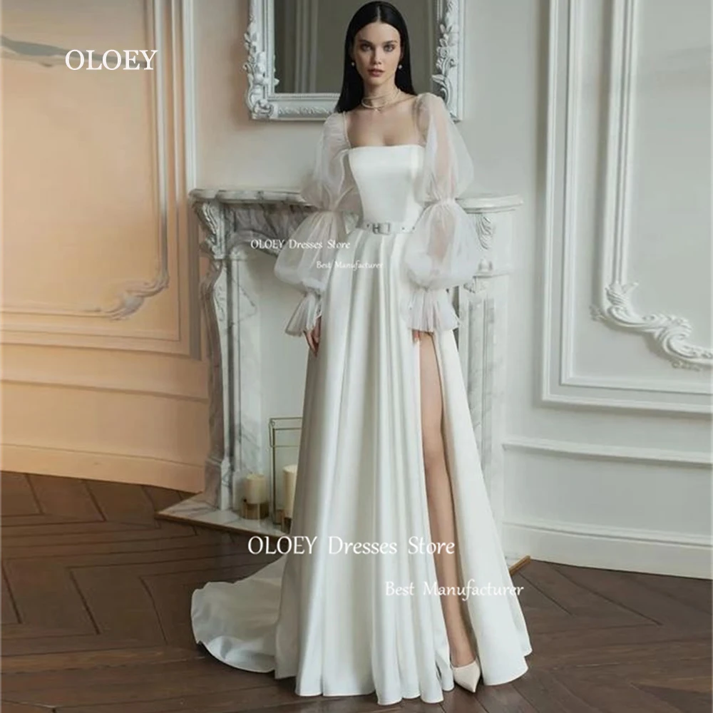 Женское свадебное платье с длинными рукавами-фонариками цвета слоновой кости