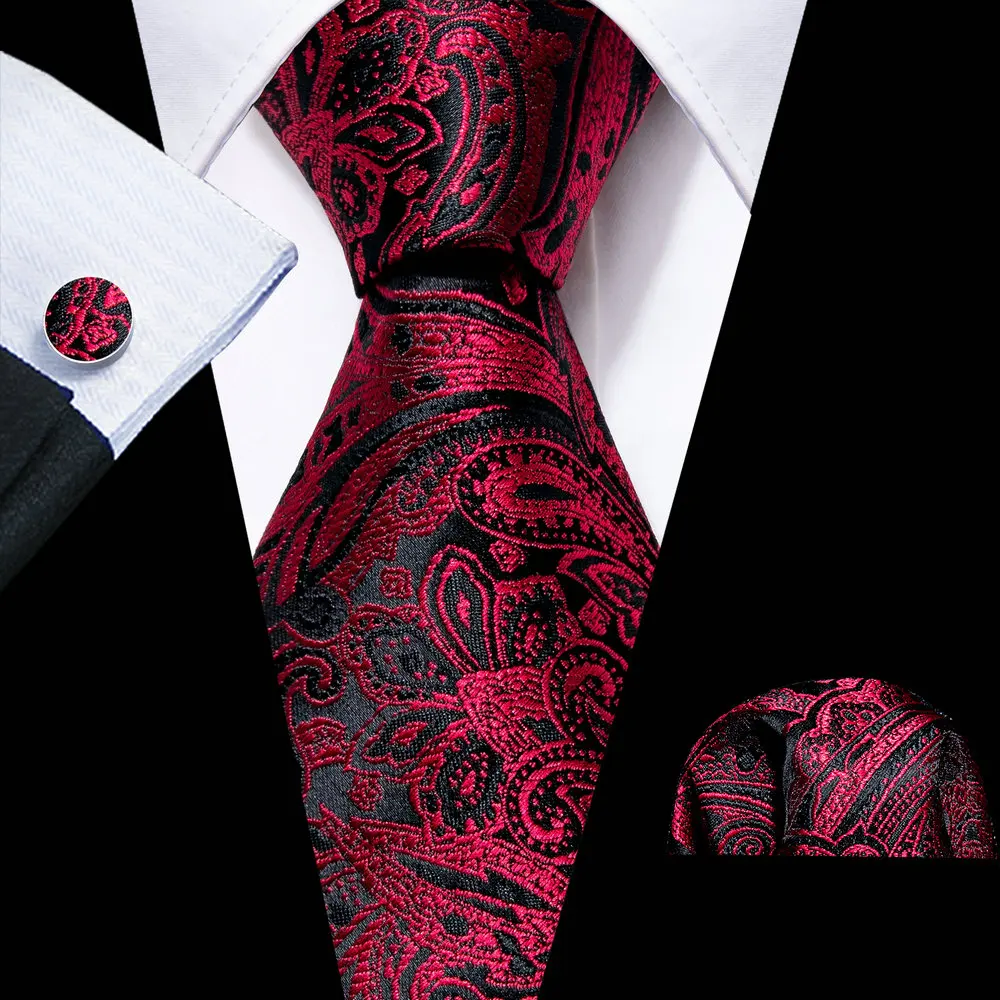 

Fashion Red Paisley Men Silk Necktie Brooches Men Tie Handkerchief Cufflinks Sets Men Gift Barry.Wang Designer FA-5858