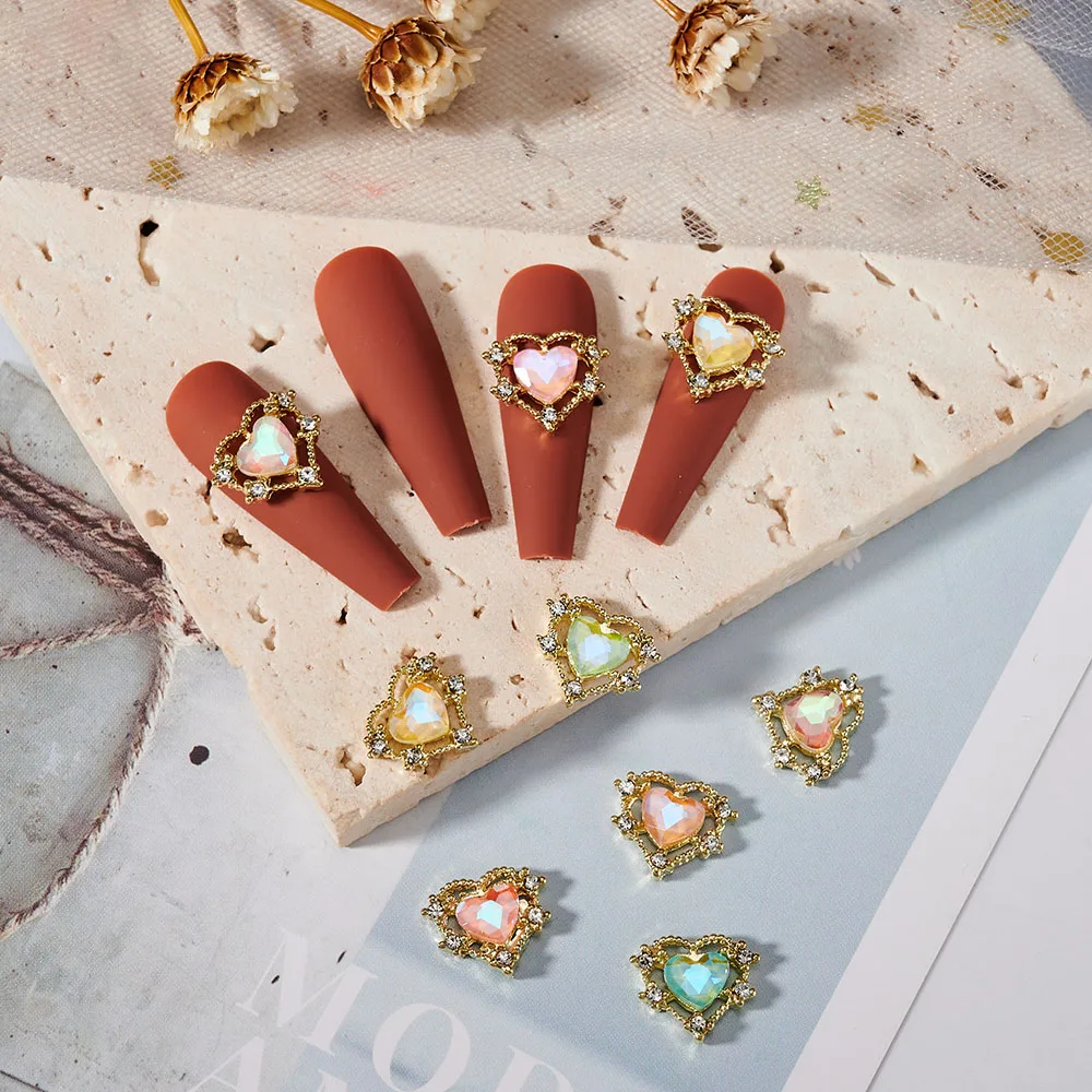 

10Pcs 11.5x10mm Heart Metal Designer Charms For Nail Art Alloy Accessories Aurora Gems Jewelry For Multi-Colors Nail Rhinestone