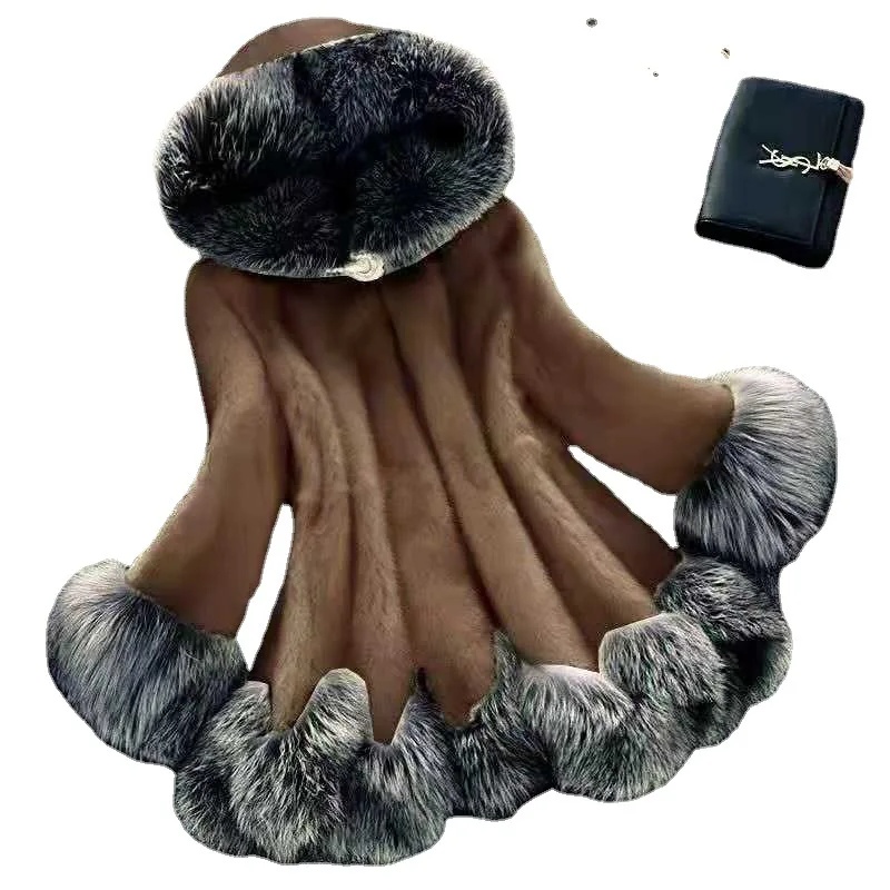 Fur 2023 Medium length hooded top coat fur coat for women