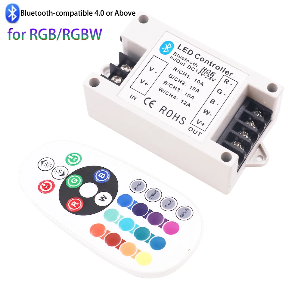 

RGB/ RGBW Bluetooth LED Controller 360W 30A/42A for DC12-24V RGB LED Strip Light BT RGB Controller with 24Key IR Remote Control