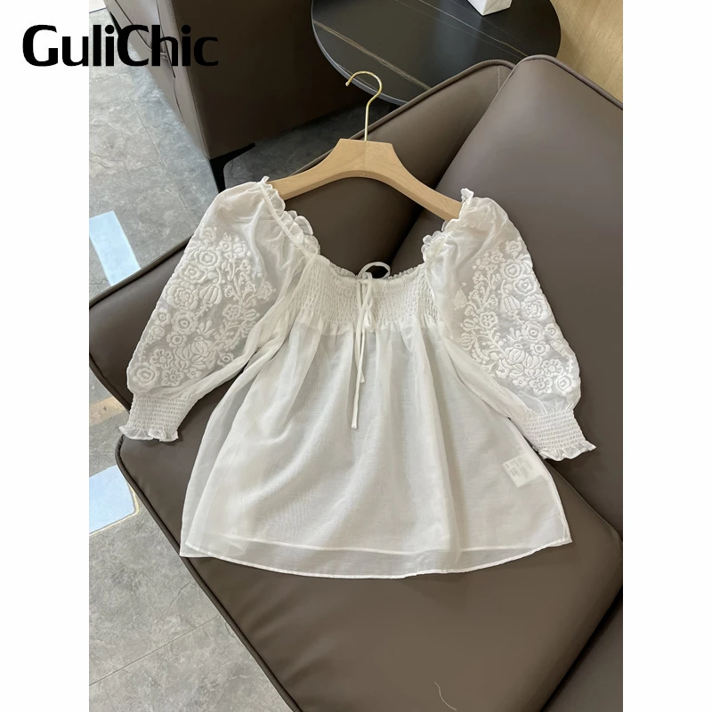 

3.28 GuliChic Elegant Heavy Industry Embroidery Ruffle Square Collar Puff Sleeve Lace-Up Ruched Striped Blouse Women