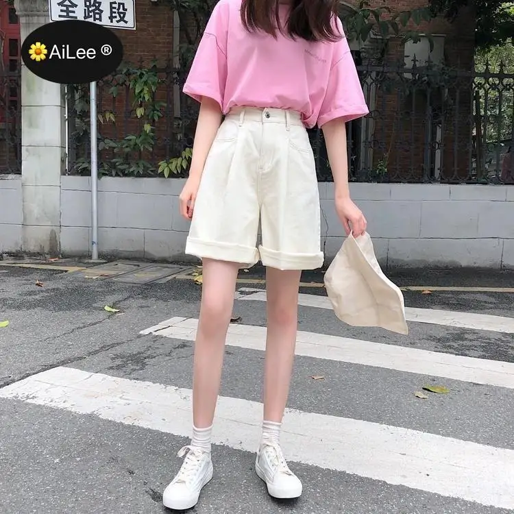 Fashion Denim Jeans Summer Women Cotton Cargo Shorts Korean High Waist Pocket Elastic Wide Leg Shorts Casual Loose Hotpants