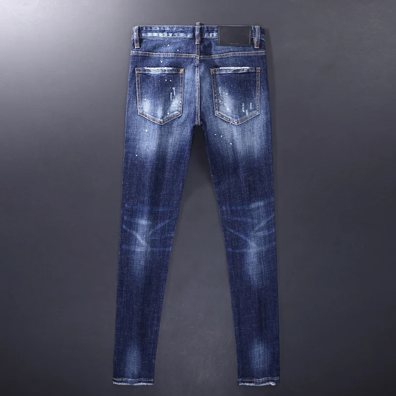 High Street Fashion Men Jeans High Quality Retro Blue Elastic Vintage Slim Ripped Jeans Men Printed Designer Brand Pants Hombre