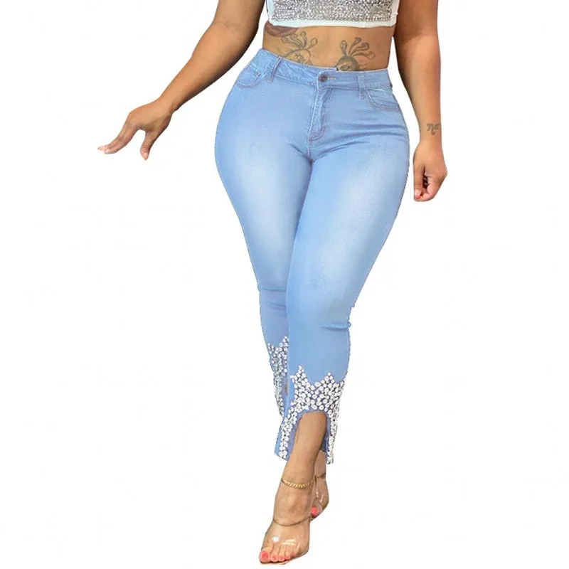 Fashion Denim Casual Skinny Pencil Trousers Solid Color Beaded Elastic Mid Rise Jeans Black Office Autumn And Winter New Style