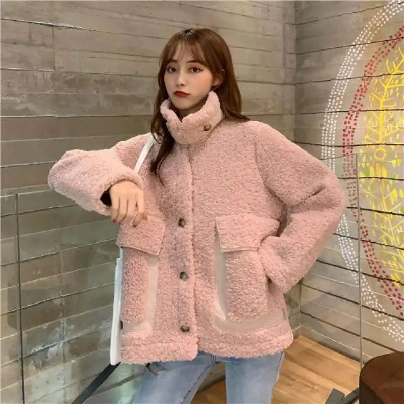 Korean Fashion Thick Wool Cashmere Coat Wool Fur Coat Stand-Up Collar Mori Female Lamb Wool Coat Female Winter College Style