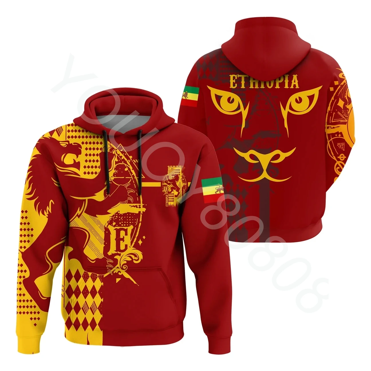 

African Region Hoodie Men's Sweater Harajuku Sweatshirt Street Print Ethiopian King Lion Jumper Red Sweater