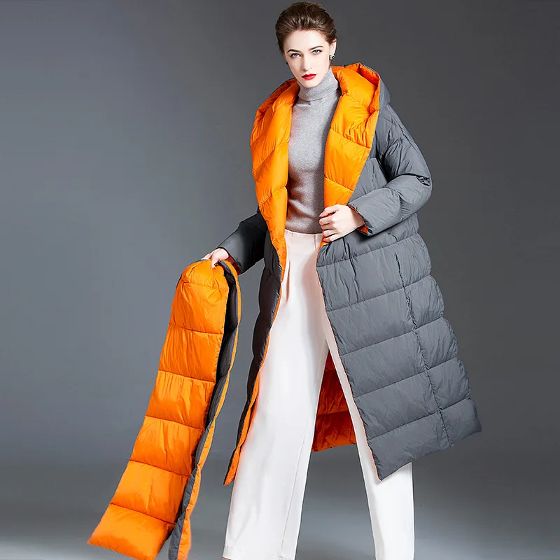 New Winter 2022 down jacket Women's medium length fashion hooded white eiderdown warm coat thickened