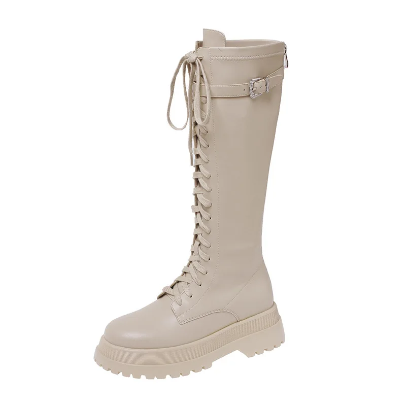 

Autumn Winter Thick-soled Thick-heeled High Boots Women's Lace-up Tower Buckle Knight Boots Elastic High-barreled Casual Boots