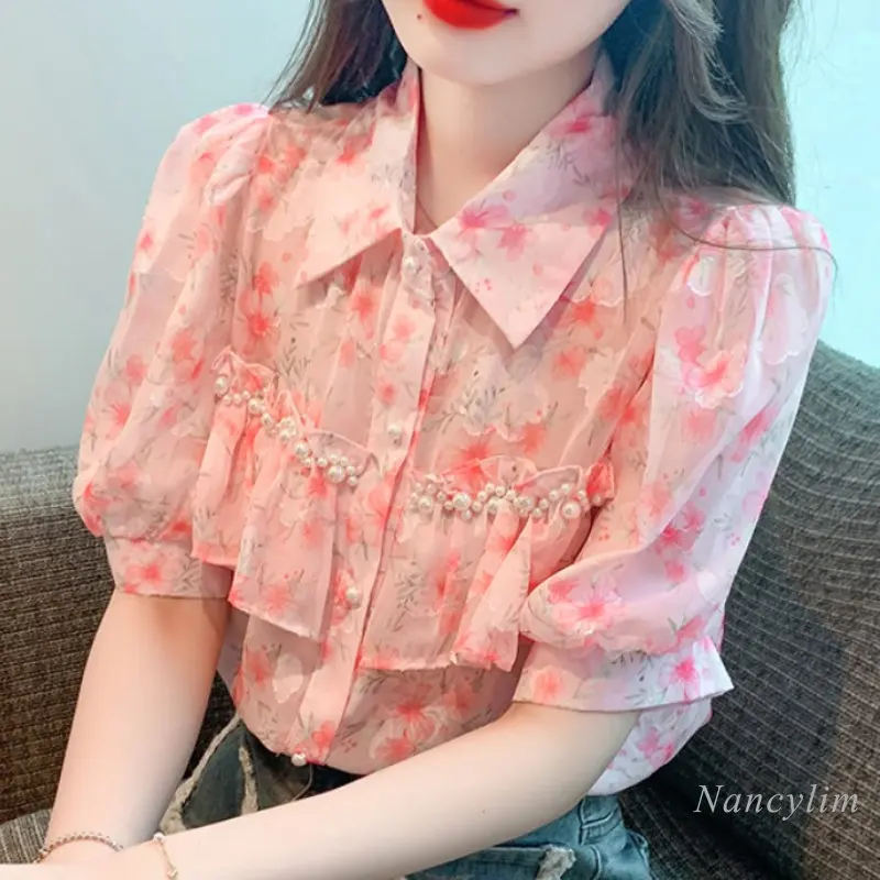 

Beaded Floral Puff Sleeve Chiffon Shirt Womans 2023 Summer New Fairy Ruffled Cute Youth-Looking Pink Buttons Top Blusas Mujer