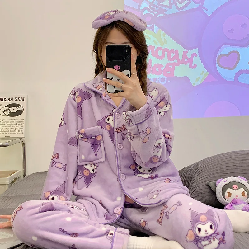 

Kawaii Sanrioed Anime Kitty Kuromi Cinnamoroll Girl Y2K Autumn Winter Plush Flannel Pajamas Thickening Keep Warm Home Wear