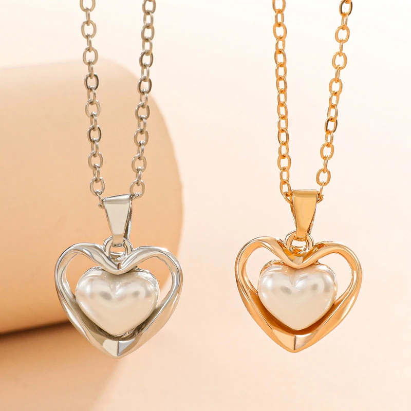

Korean Imitation Pearl Heart Necklace for Women Vintage Fashion Pendant Choker Neck Chain Girlfriend Wedding Party Jewelry Gift