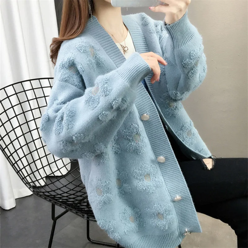 

Pink Korean Blue Beige V-Neck Long Sleeve Knit Sweater Women Tops Spring Autumn Loose Mid Length Knitted Cardigans Jacket Female