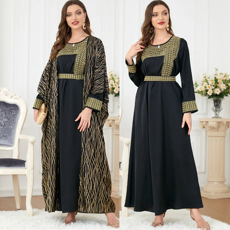 2023 Summer Autumn Muslim Women Long Sleeve O-neck Polyester Red Black Green 2 Pieces Set Dress Coat Matching Sets  Muslim Sets