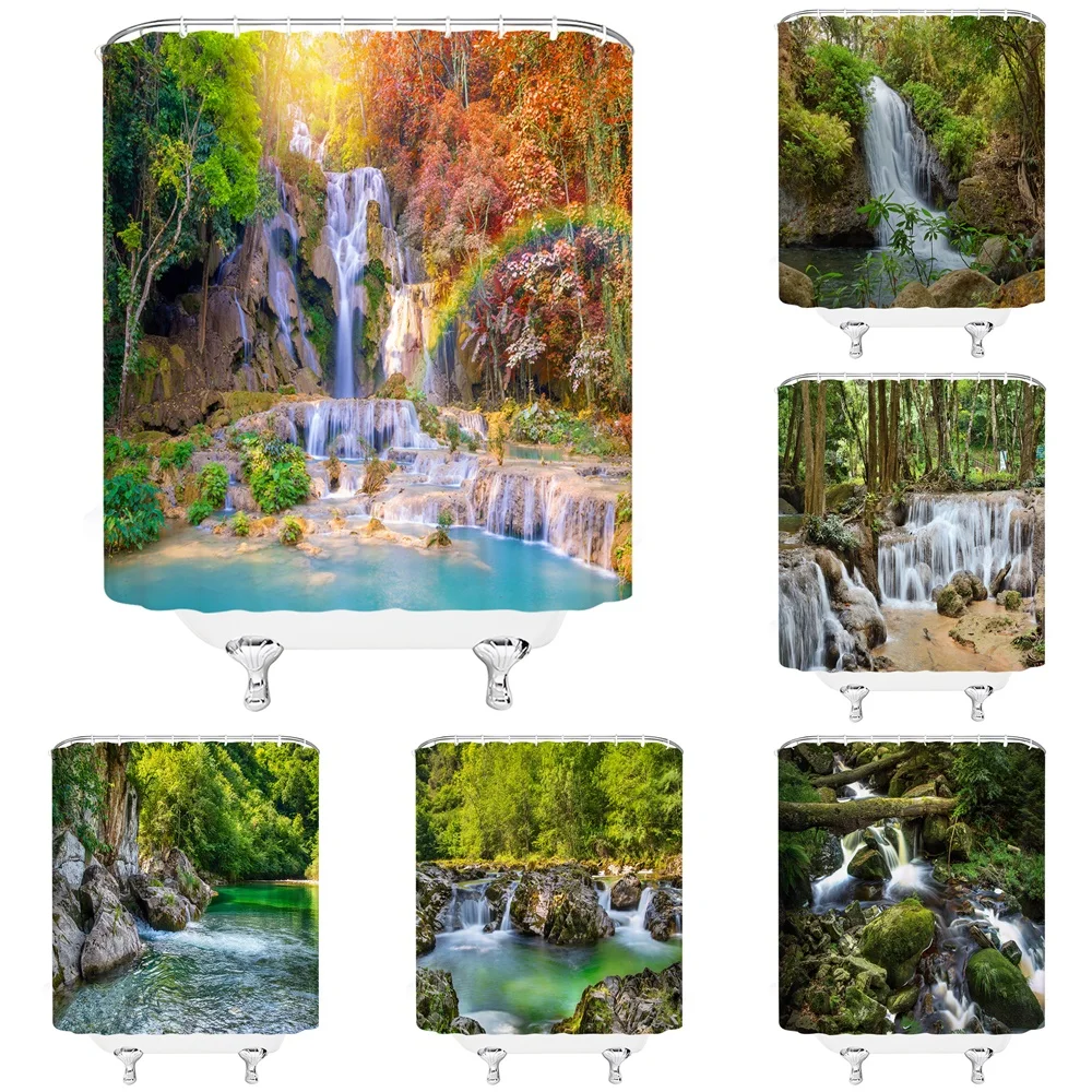 

Forest Waterfall Shower Curtain Scenery Rainforest Green Trees Tropical Jungle Landscape Rainbow Lake Fabric Bathroom Decor Set