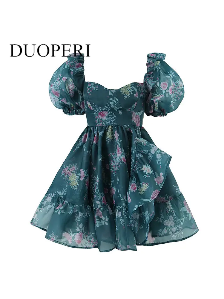 

DUOPERI Women Fashion Printed Mini Poncho Dress Vintage Sweetheart Neck Back Zipper Short Sleeve Female Chic Lady Dresses