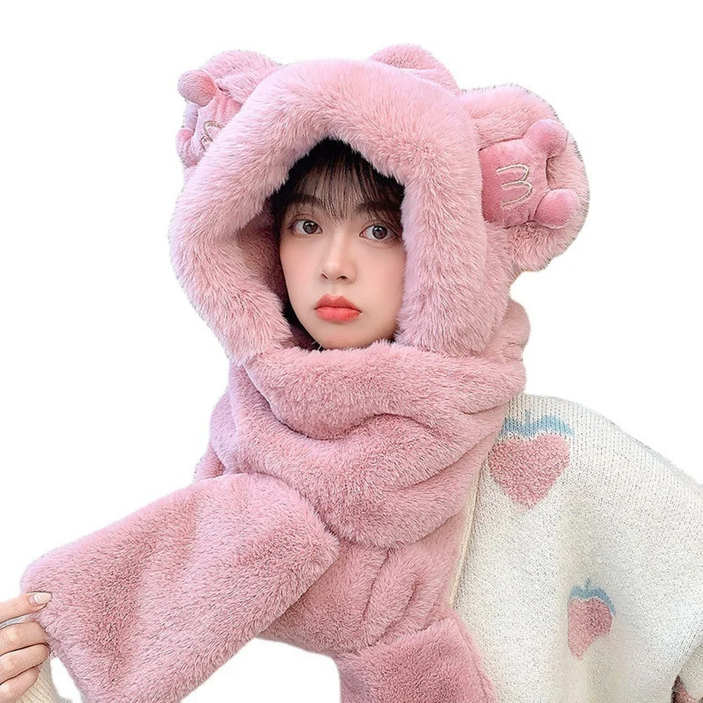 

Funny Bear Hat Fur Beanie Ladies Cute Lug Parent-child Pompom Winter Padded Warm Plush Mittens Women's Winter Accessories