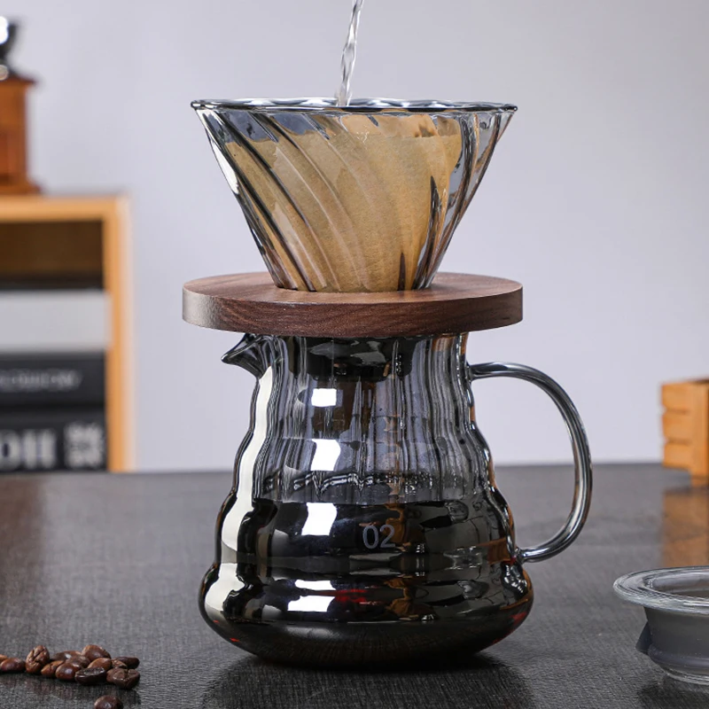

V60 Pour Over Coffee Glass Pot Set Portable 500ml Anti Scald Black Glass Coffee Filter Cup Wooden Bracket Barista Accessories
