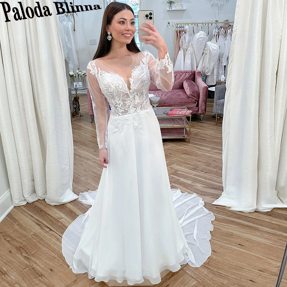 

Paloda Pastrol Full Sleeves Wedding Dresses For Women Chiffon V-Neck Court Train Appliques Button Illusion Robe De Mariée