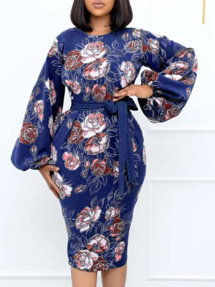 

Women Printed Dresses Bodycon Long Lantern Sleeves Retro Slim Vintage Elegant with Waist Belt Office Ladies Classy Female Robes