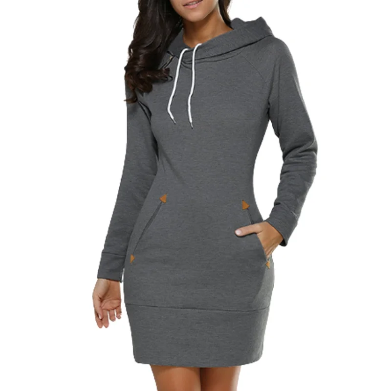 

2023 Spring Autumn Hot Sales Women Hooded Dress Warm Long Sleeve Knee-Length Clothes Neckline Side Zipper Daily Casual New Dress