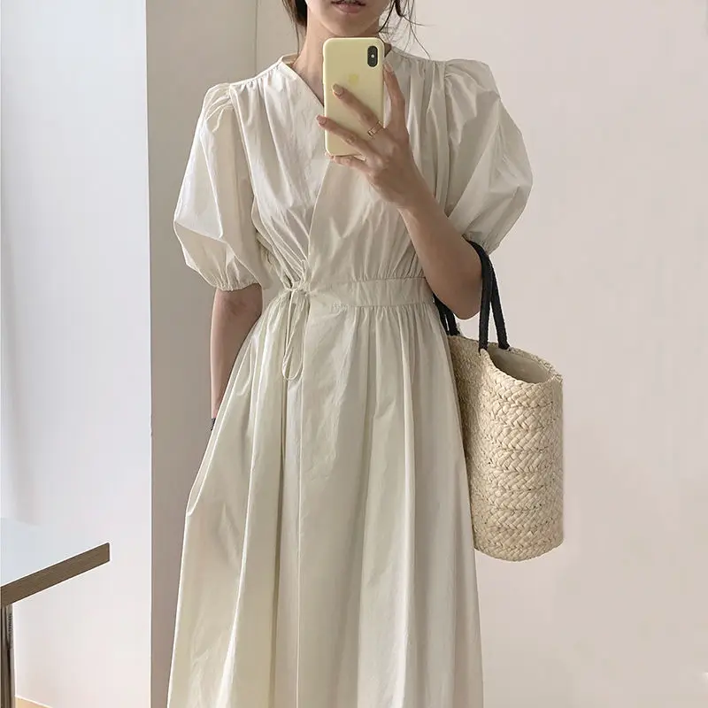 

Korean Fashion Midi Dress Women Chic Elegant V-neck Cross Lace-up Puff Sleeve Basic Casual Dress Summer One Piece Ladies 2022