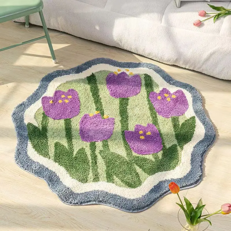 

60cm Tulip Floral Bathroom Carpet Fluffy Flower Floor Rug Non Slip Imitation Cashmere Mat Entry Door Bedroom Irregular Soft