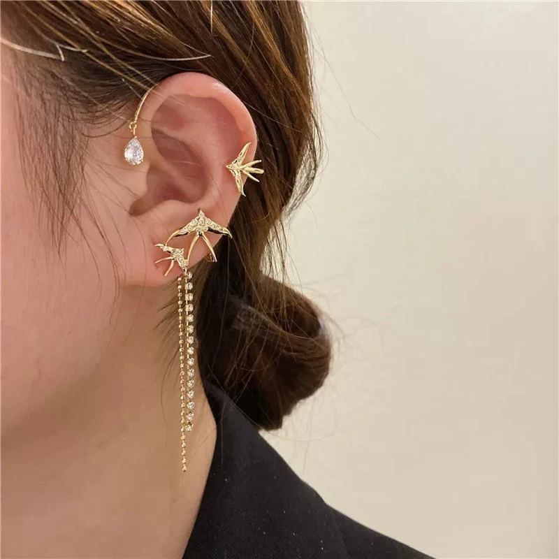 

French niche design sense Feiyan zircon exquisite long tassel earrings women's all-match thin and no pierced earrings for women