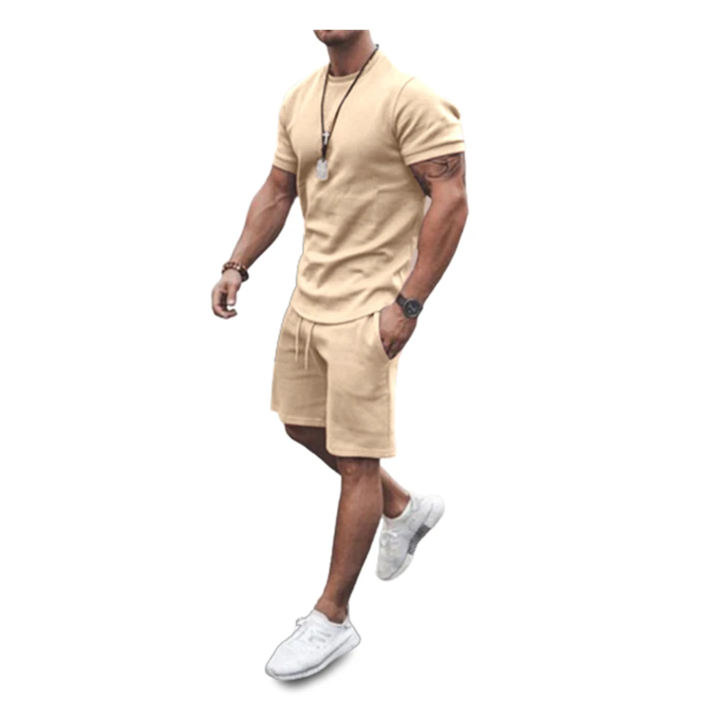 Summer Trendy Teenager Tracksuits For Men Solid Color Short Sleeve T-shirt And Drawstring Shorts Casual Sport 2 Piece Sets 21486