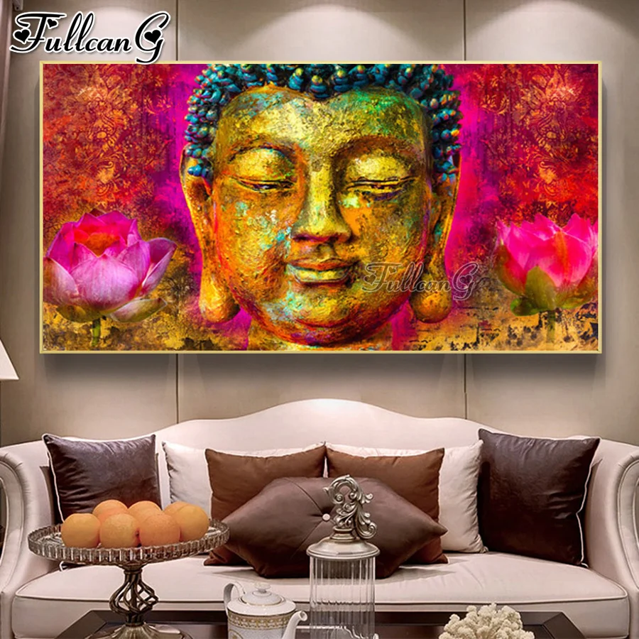 

FULLCANG golden buddha large 5d diy diamond painting full rhinestone embroidery lotus mosaic picture wall decoration FG0689
