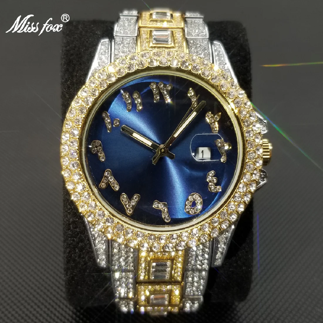 

MISSFOX Ice Out Men's Watches Luxury Brand Square Diamond Blue Dial Watches Hip Hop Automatic Date New Relogio Masculino de Luxo
