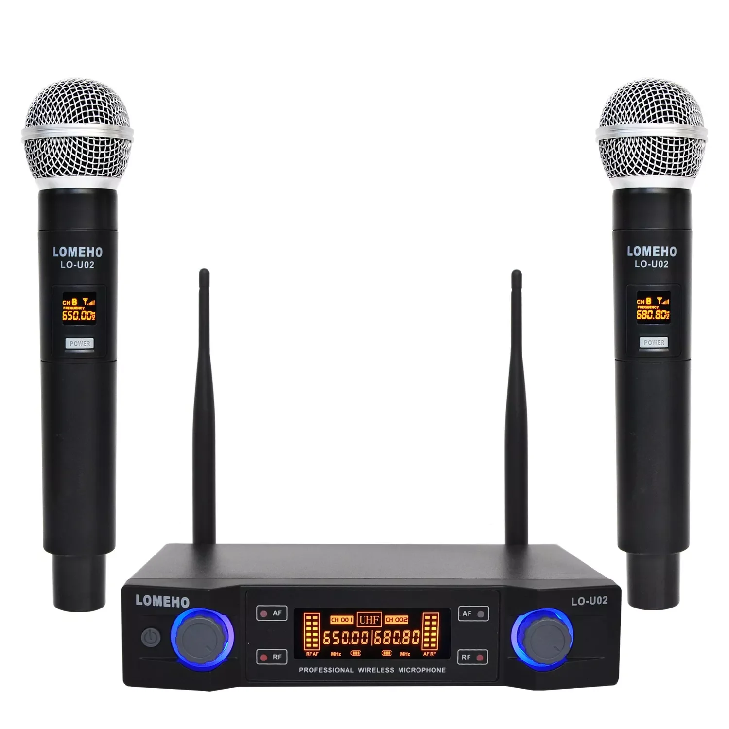 

NEW2023 LO-U02 UHF Long Range Dual Channel 2 Handheld Mic Transmitter Professional Karaoke UHF Wireless Microphone System